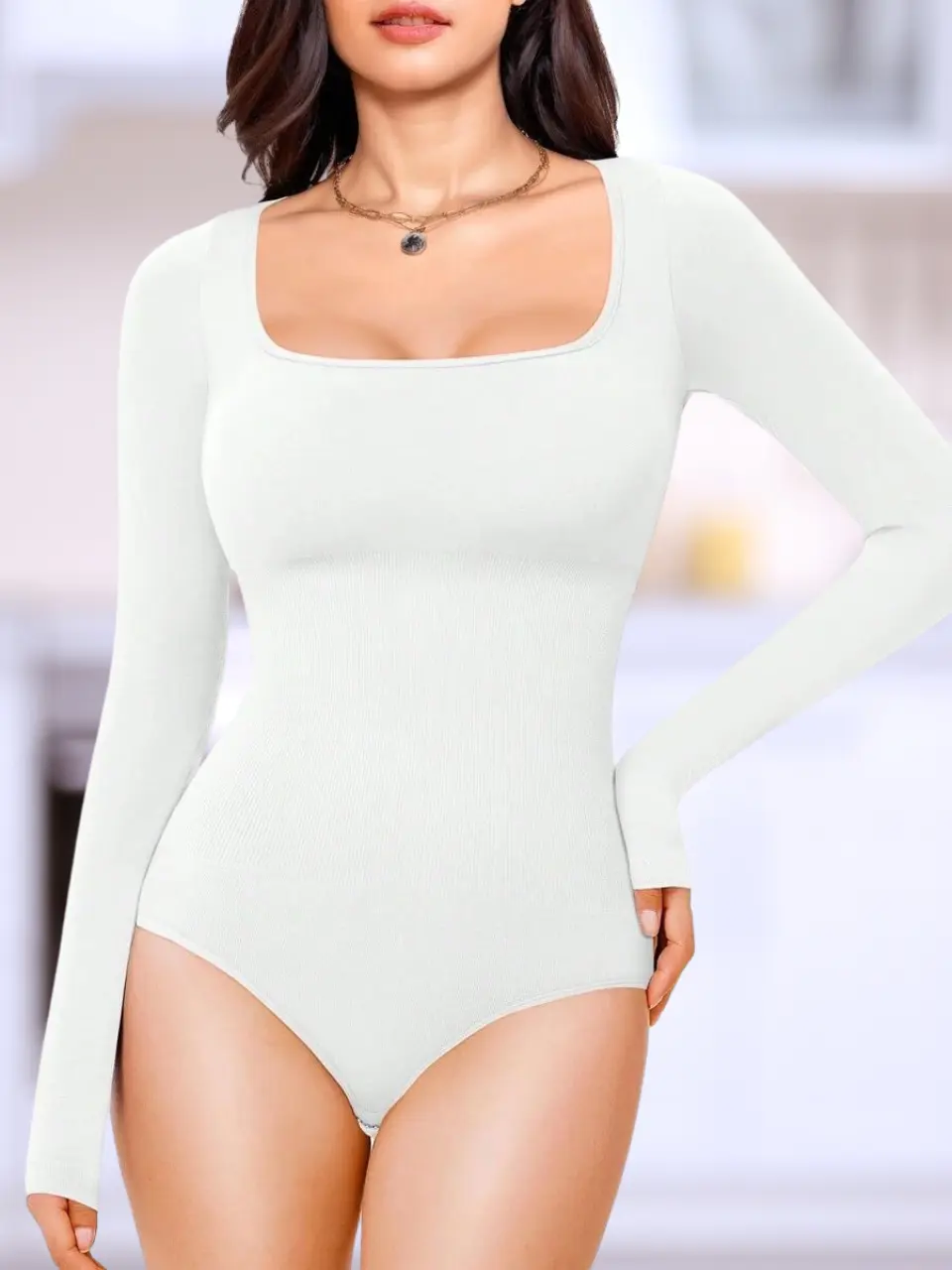 Women’s Long Sleeve Slim Fit Bodysuit – Shapewear Tummy Control With Square Neck