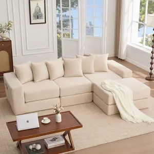 10-in-1 Convertible Sofa Sectional Beige Corduroy L Shaped Modular Sofa 4 Seats Soft Foam Padding No Assembly Required Modern Living Space Furniture