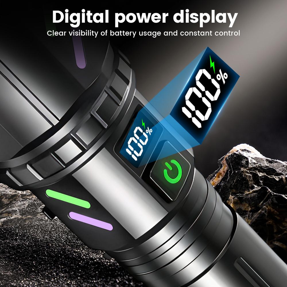 30W Handheld LED Flashlight - Ignition Zoom Lens, Type-C USB Rechargeable Spotlight, Digital Power Display, 5 Modes, Aluminum Alloy, Mobile Power Function, for Outdoor Emergency, Camping, Patrol, Handheld Led Flashlights, Rechargeable Spotlight Flashlight