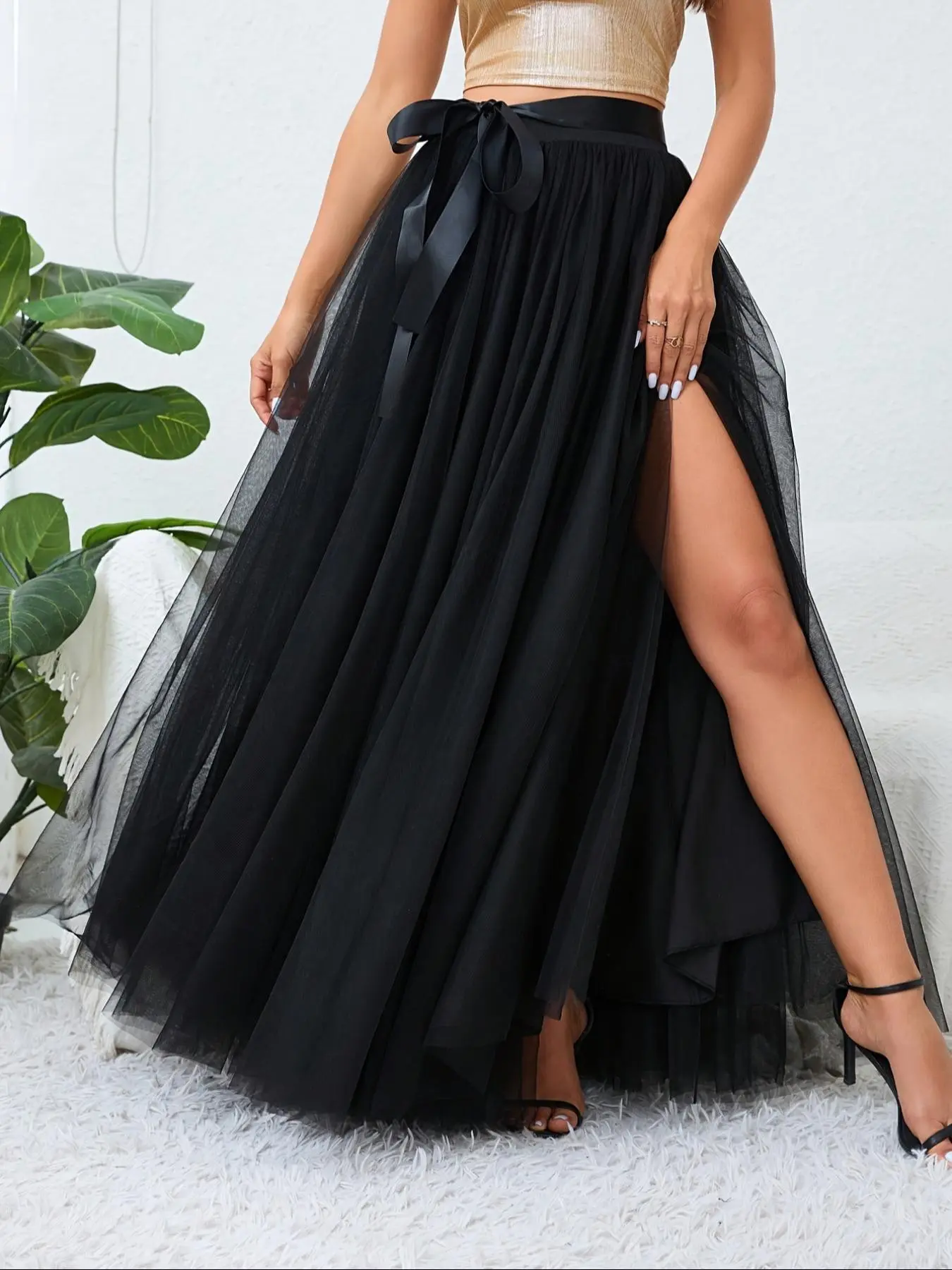 Plus Size Solid Belted Split Thigh Lightweight Tulle Skirt, Slit Hem Skirt, Elegant Chic Formal High Waist Maxi Skirt For Party Holiday Wedding Guest, Women's Bottoms For All Seasons, Womenswear