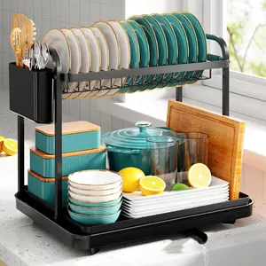Stainless Steel Dish Drying Rack - 2-Tier Large Black Kitchen Organizer with Drainboard, Utensil Holder, Storage for Countertops