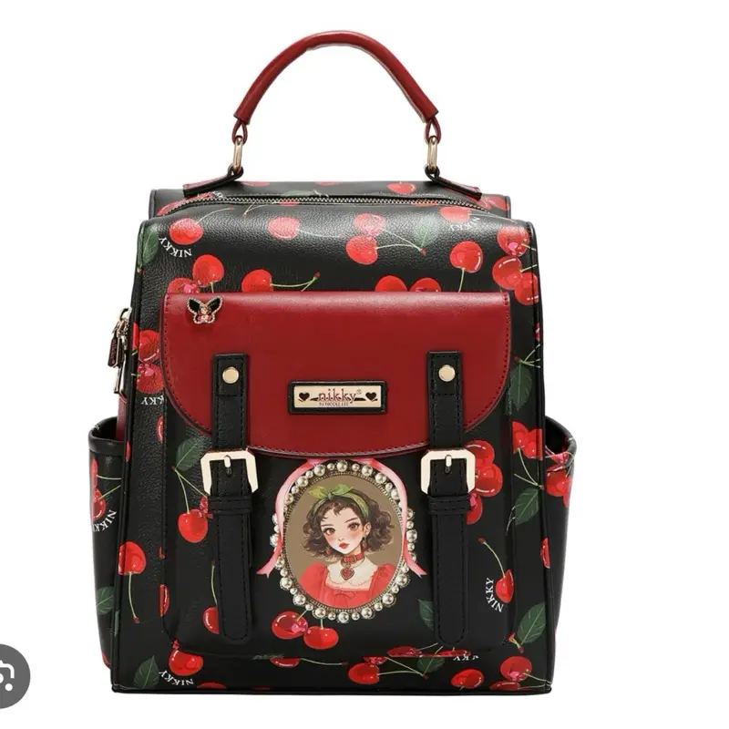 Nikky Cherry Illustrated Multi-Pocket Backpack with Front Zip Pouches Featuring Cityscape Design and Gingham Pattern