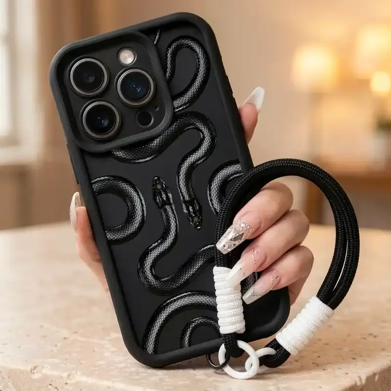 Case with Wrist Strap for iPhone 16 Pro Max 15 Plus 14 13 12 11 XS XR Black Shining Snake Luxury Pattern Pocket-Friendly Shockproof Silicone Protective Softcase