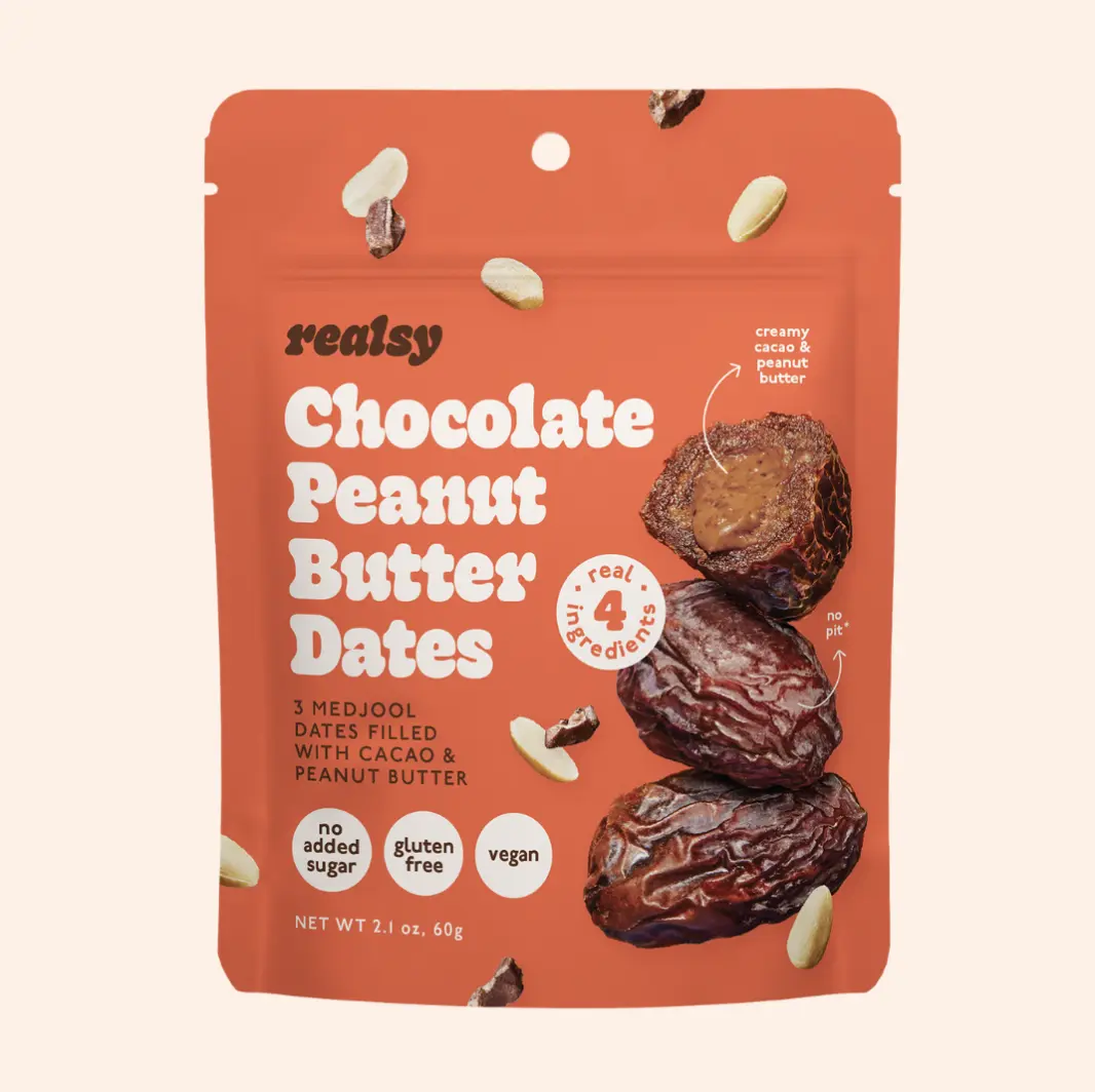 Realsy Organic Cacao Chocolate Peanut Butter-Filled Medjool Dates, 2.1 oz Healthy Sugar-Free Gluten-Free Dried Snacks with Peanuts