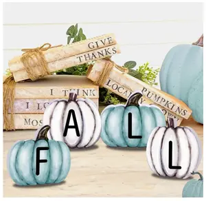 4 Pieces Fall Pumpkin Wooden Signs Decoration,Blue Autumn Tiered Tray Pumpkin Tabletop Decor for Thanksgiving Fall Home Kitchen Harvest Party Decor Supplies Set Traditional