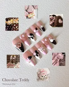 Chocolate Teddy Press On Nails – Kawaii Pink Nails, Cute Dessert Nails, 3D Bear Nail Art, Sweet Girly Nails, Handmade Press On Nails