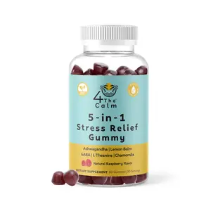 4TheCalm 5in1 Stress Relief Supplement Gummy – GABA, Lemon Balm, L-Theanine, Chamomile, Ashwagandha – Stress Relief Gummies (Natural Raspberry Flavor, 60 Gummies)