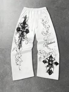 Gothic Cross Graphic Sweatpants 2026 New Arrival High Waisted Slimming Wide Leg Baggy Trousers American Retro Streetwear Hip Hop Breathable Sporty Joggers Casual Sports Trousers
