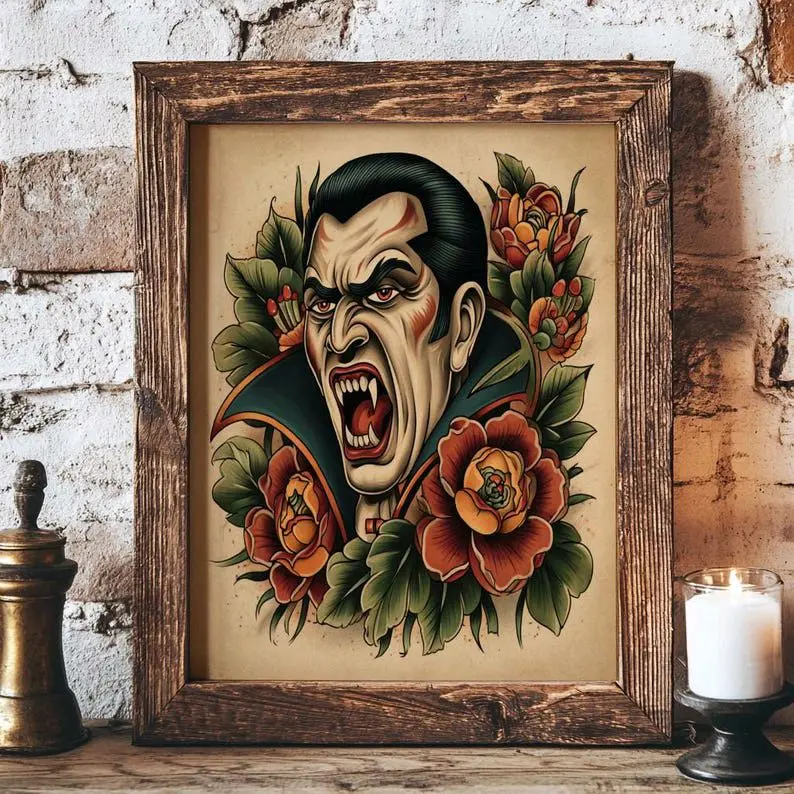 Dracula Vintage Tattoo Flash Art Print – Retro Horror Wall Decor, Classic Monster Illustration, Vampire Halloween Poster