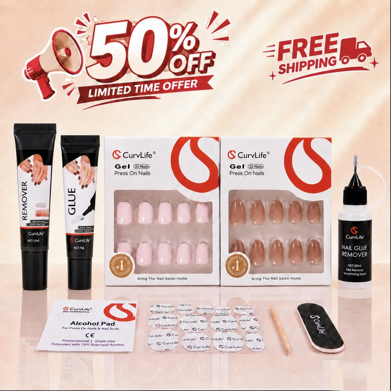 CurvLife Everyday Essentials Nail Kit - 4-Piece Best Seller Press-On Nail Set with Bestselling Nails, Nail Glue & Remover, Easy to Use, Beginner-Friendly, Great Value Manicure Bundle for Daily Wear, Travel and Gifting