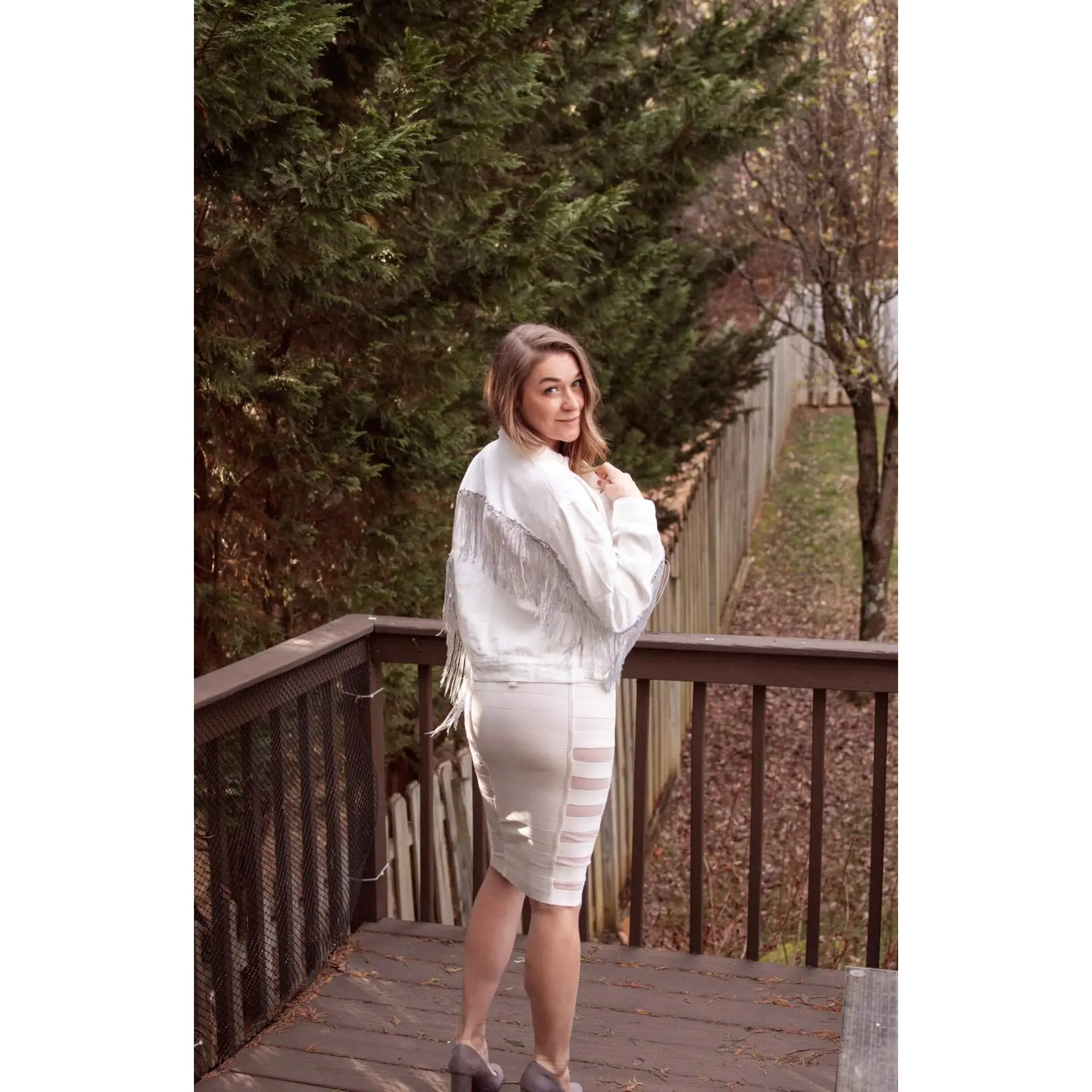 Raya- Sequin Fringe White Denim Jacket