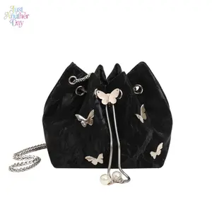 Butterfly Decor Bucket Bag | Soft Satin Drawstring Purse | Silver Chain Strap | Pearl Tassel Detail | Shiny Metallic Butterfly Charms | Elegant & Feminine Aesthetic | Perfect for Date Nights & Parties | Lightweight & Spacious Enough for Phone, Keys & Cosm
