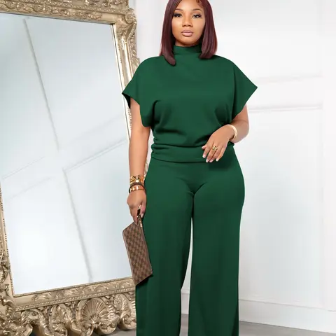 USBoutique Chic UPGRADED Women Summer Lightweight And Silky Soft Set Two Piece Casual Set Short Sleeved Semi High Neck Loose Top Wide Leg Pants Set