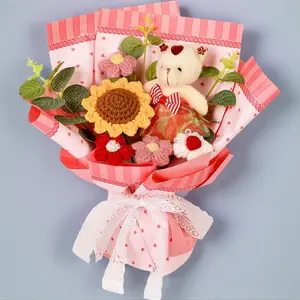 10.43 Inch Handmade Crochet Bear Flower Bouquet with Blue Roses and Daisies, Spring Easter Decor, Ideal Gift for Mother's Day, Birthdays and Graduation, Cute Ornament for Home, Office Desk and Car.