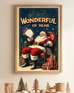 Santa Claus Delivering Gifts Poster, Christmas Holiday Decoration. Retro Trendy Art Decor Poster, Unframed Poster