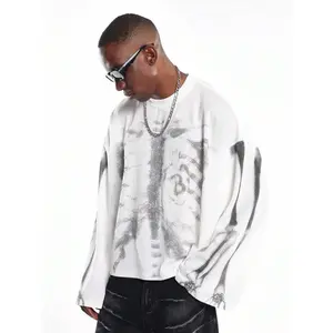 SUMWON Oversized Waffle Knit Long Sleeve T-Shirt X Ray Skeleton Print Gothic Alternative Fashion Fall Winter Layering Basic