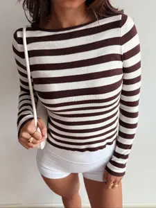 Women Striped Long Sleeve Knit Top Brown White Slim Fit Ribbed Sweater Soft Stretchy Crew Neck Shirt Casual Fall Winter Basic Tee Trendy Y2K Streetwear Simple Chic Pullover Everyday Outfit Slimming Knitwear Versatile Fashion Top