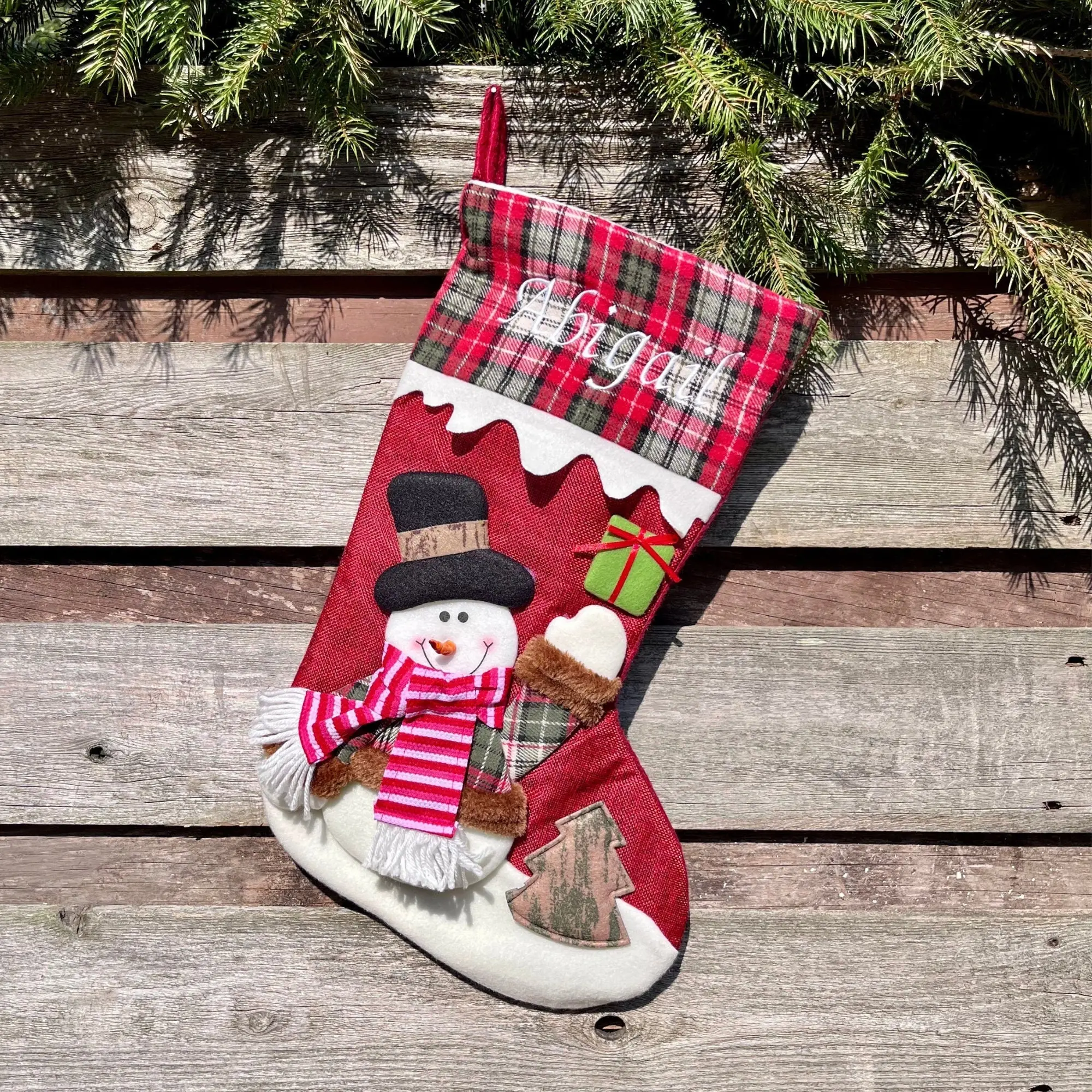 Christmas Stockings Personalized Embroidered, Snowman Design | Custom Name, Modern Family Stockings w/ Red Plaid Pattern, 3D Large 18.5in
