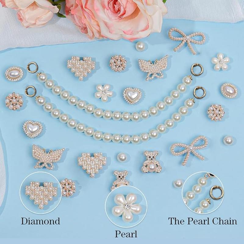 24 Pcs Shoe Charms Chain Accessories for Women Pearl Flower Clog Shoe Decoration Charms Rhinestone Shoes Charms Bling Cute Decor for Party Birthday Footwear Shiny