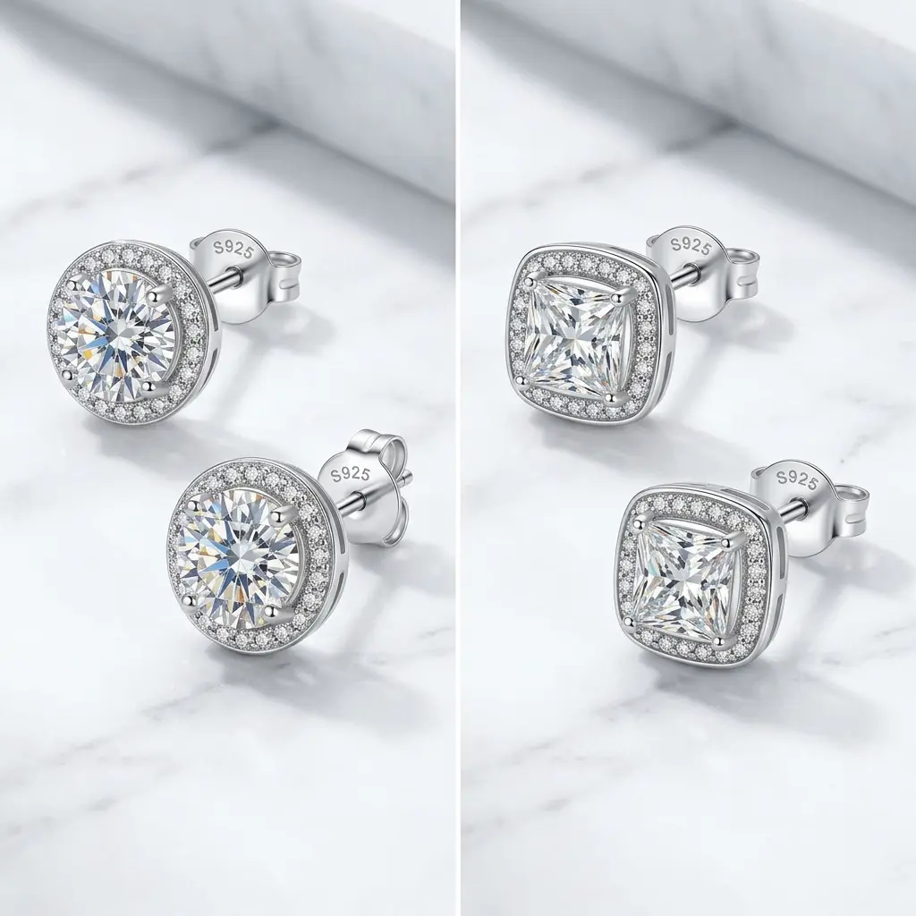 Exquisite and luxurious S925 silver moissanite stud earrings featuring minimalist round and square designs—a classic, stylish accessory for men's everyday wear and the perfect hypoallergenic gift for him.