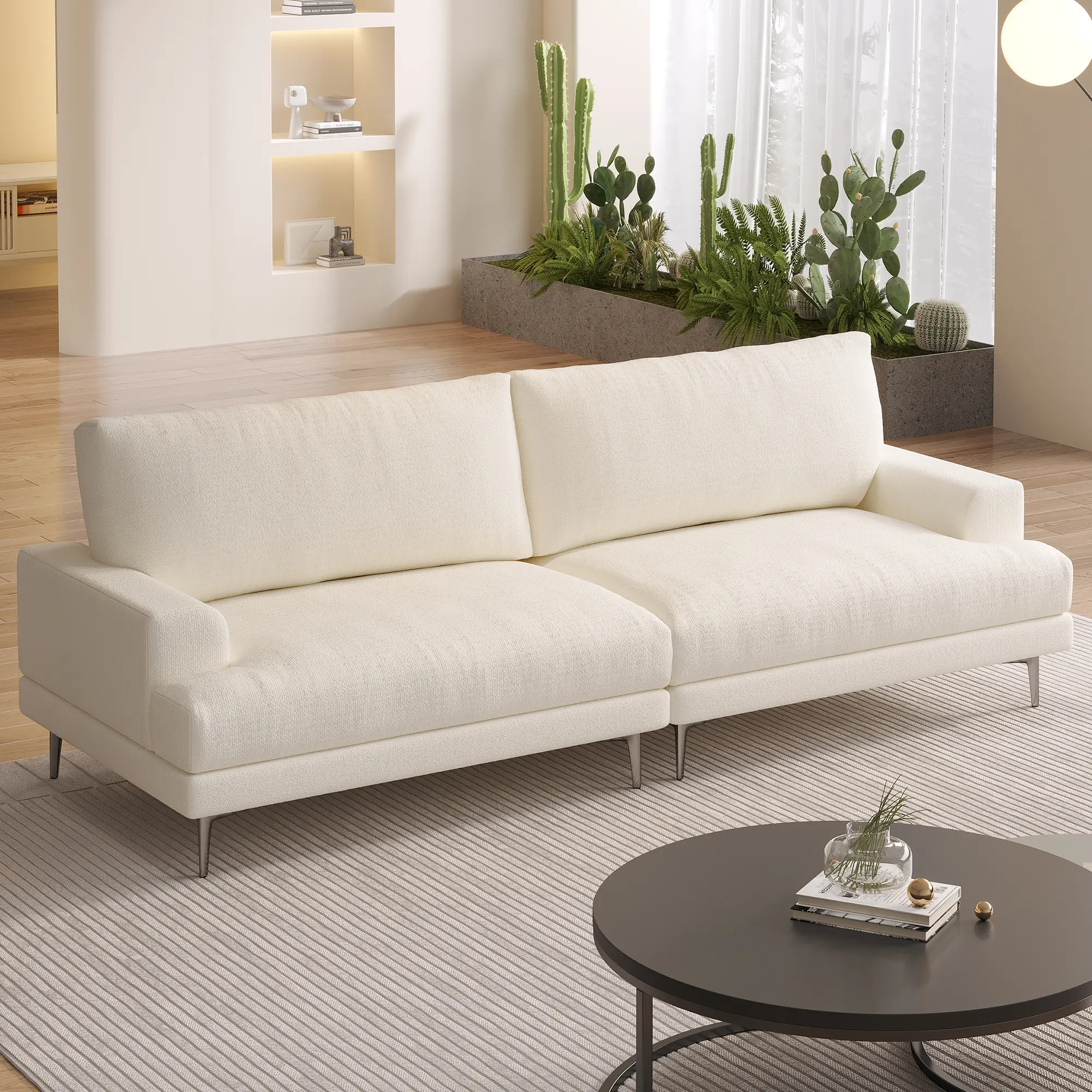 86.61" Down-Filled Cloud Sofa Couch, Modern Fabric 3-Seater with Plush Cushions and Metal Legs, White Beige, Perfect for Apartments, Small Living Rooms & Cozy Spaces