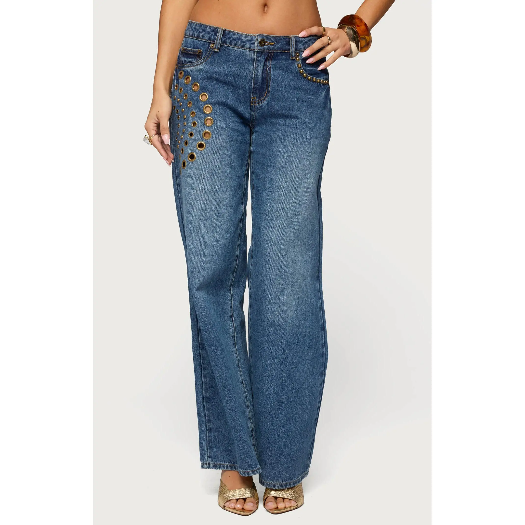 Edikted Women's Monika Stud and Grommet Low Rise Baggy Jeans