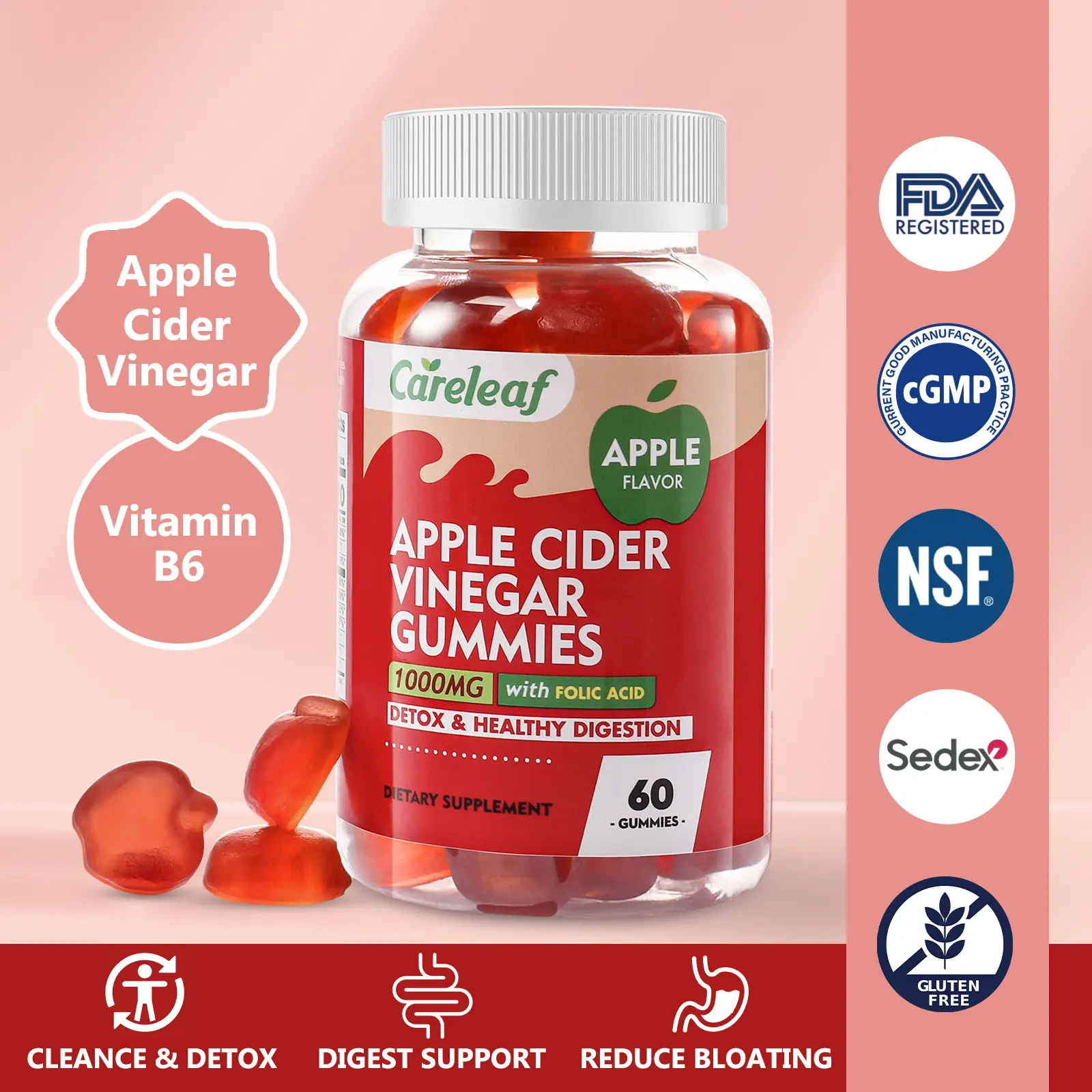 Careleaf 1000mg Apple Cider Vinegar Gummies with Beetroot,Vitamin B12 & B6,Support Digestion,Gut Health & Metabolic Function,Healthcare Fitness Dietar