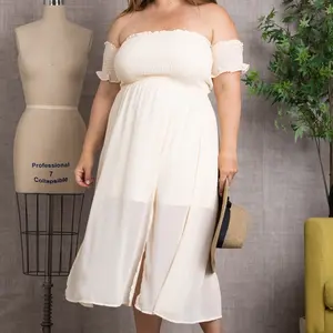 IVORY CHIFFON OFF-SHOULDER PLUS SIZE MIDI DRESS