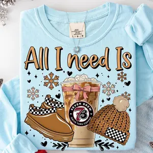 All I Need Is 7 Brew Coffee Shirt, Cozy Winter Coffee Lover Shirt, Iced Latte Holiday Design, Iced Coffee Vibes, Coquette Bow