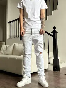 Men's Slim Fit Straight Leg Jeans, Ink Splatter Ripped Design, Elastic Fabric Modern Street Style, Zipper Fly Closure, Streetwear