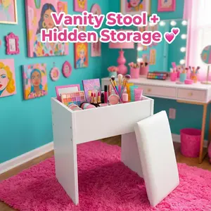 Vanity Stool with Lid Storage, Space-Saving Makeup Seat & Organizer for Small Rooms, Bedrooms & Dorms					