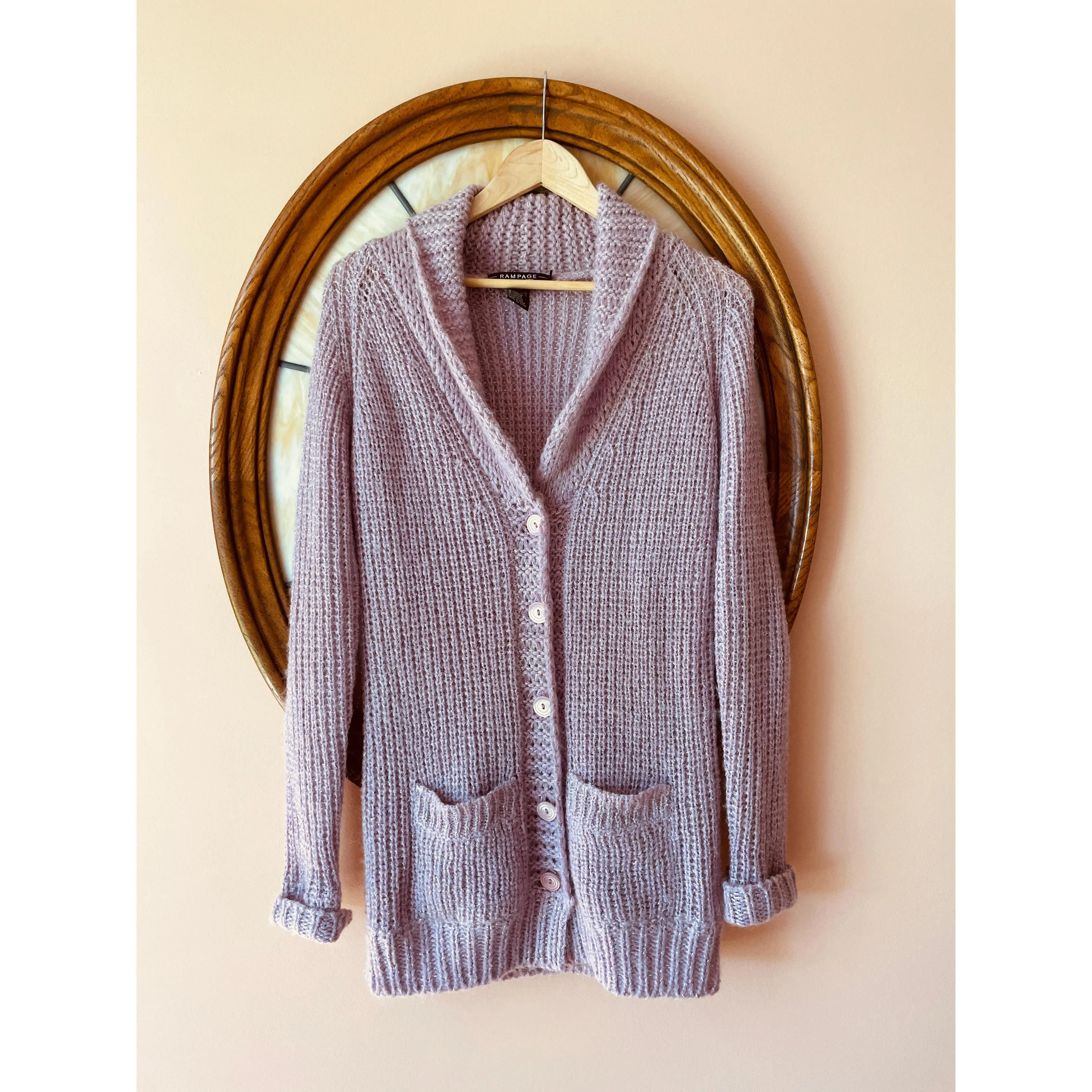 90s Vintage Rampage Mauve Acrylic Mohair Pockets Button Front Cardigan Knit Sweater M