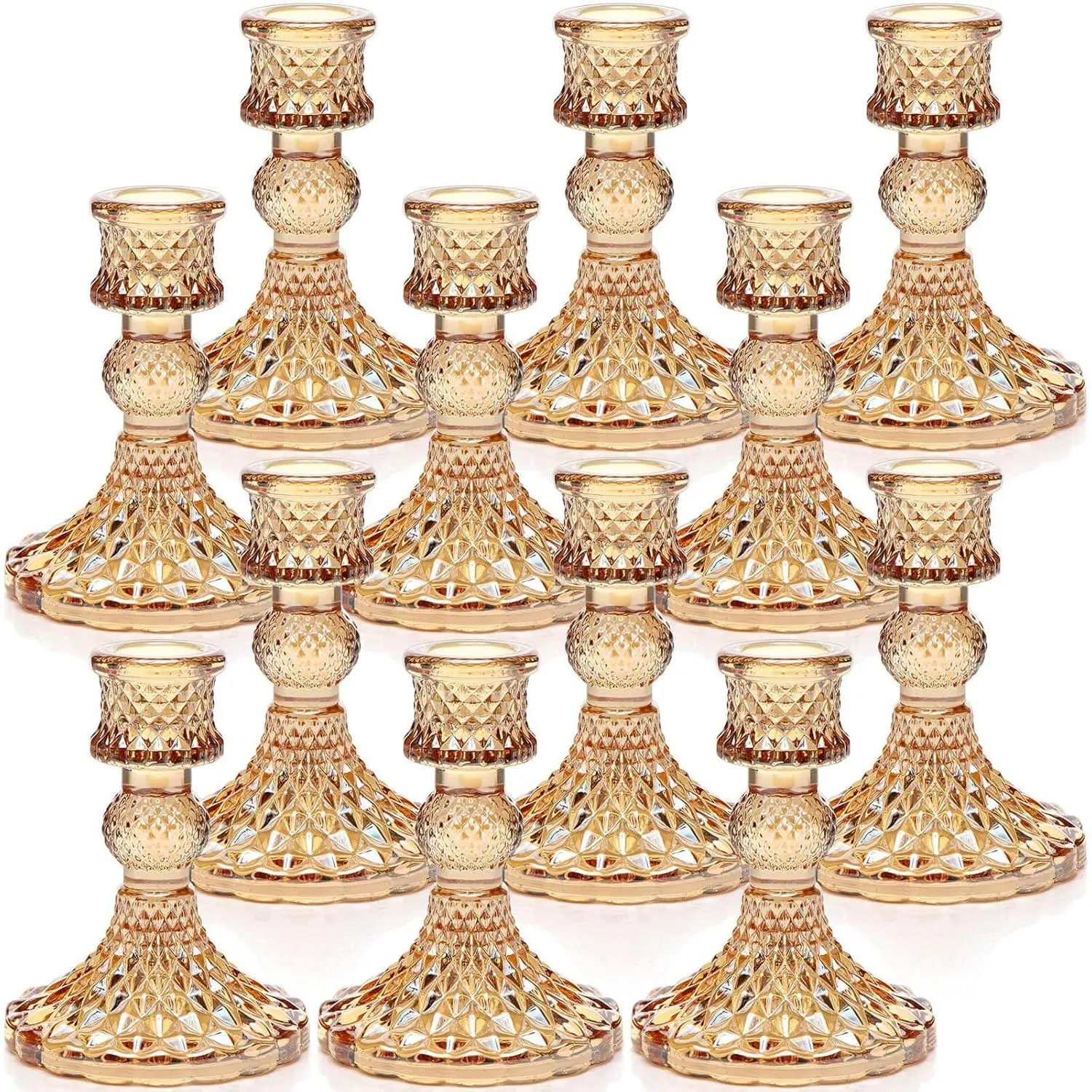 Thick Sturdy Glass Taper Candle Holders Set with Gold Diamond Pattern - 12-Count 4" H Bulk, Decorating Table Accessories for Wedding, Engagement Home Supplies