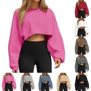 Beotyshow Womens Long Ballon Sleeve Sweatshirts Tops Cropped Crew Neck Loose Fit Casual Workout Shirts