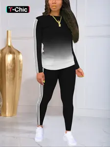 Women's Spring & Fall Ombre Gradient Long Sleeve Top Set, Casual Loose Fit Round Neck Patchwork Shirt with Pants Two-Piece