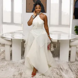 Ivory White Elegant Halter Dress with Ruffled Bottom and High Neckline for Special Occasions Summer