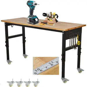 70" x 21" Adjustable Workbench with Power Outlet & Scale, 29.5" - 39.4" Adjustable Height, 2200 LBS Load Capacity Portable Worktable with Pegboard, 6 Hooks for Workshop, Garage, Office, Home, Wheels