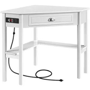 L Shaped Corner Computer Desk with Power Outlets, Reversible Triangle Workstation with USB Ports and Hook for Small Space, Modern Home Office Desk Gaming Table with Drawer & Shelf, WhiteSimple home computer desk