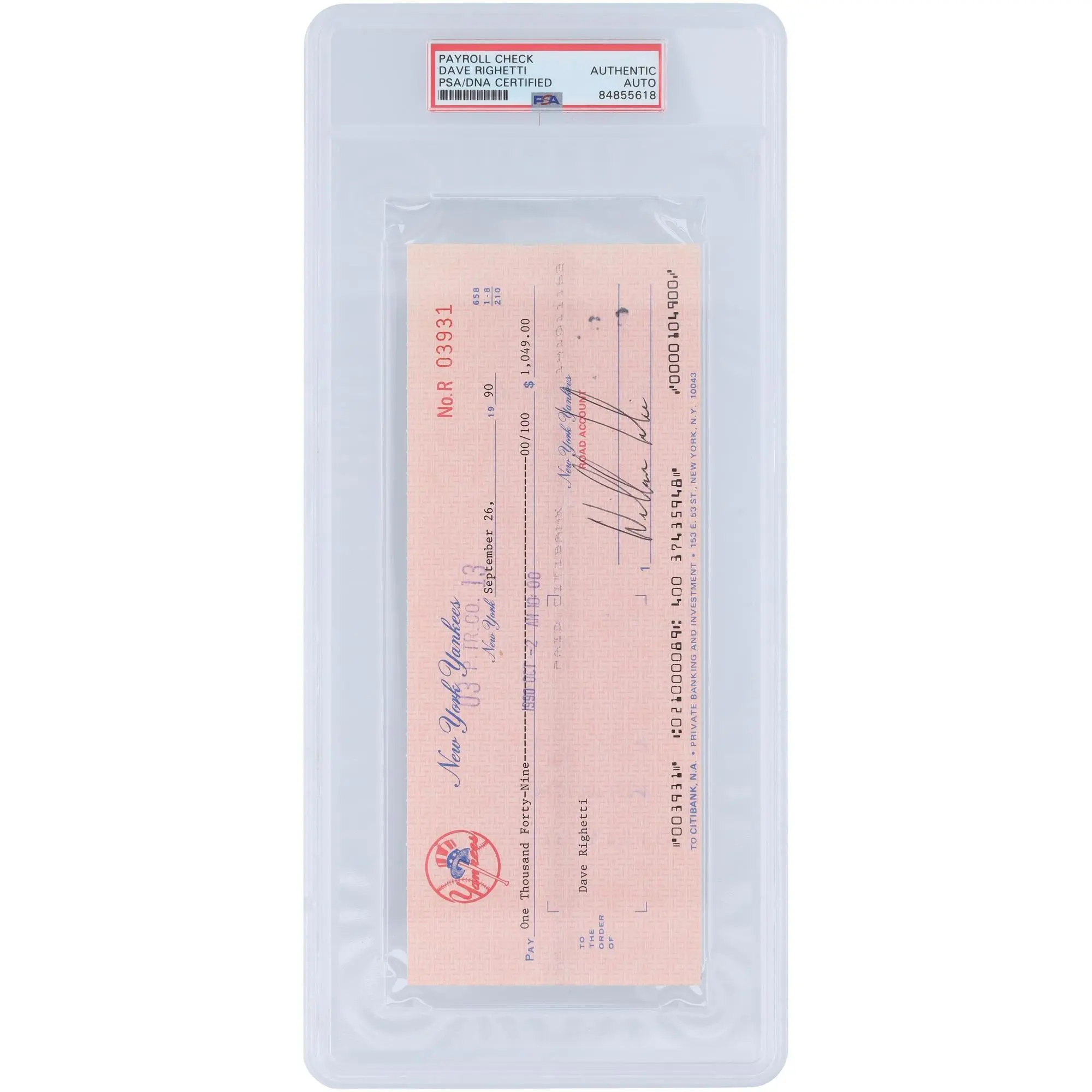 Dave Righetti New York Yankees Autographed Check from September 26, 1990 - PSA 84855618 - Fanatics Authentic Certified