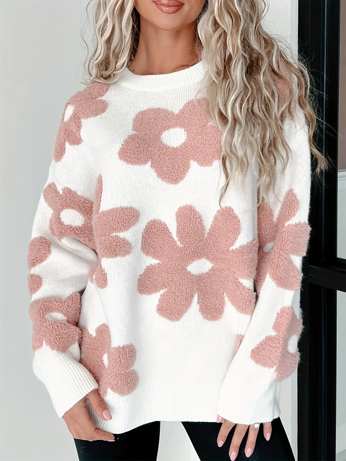 Women's Misty White 3D Floral Sweater, Cute Chenille Pink Flower Pullover, Soft Crew Neck Knitwear for Winter & Spring, Sweet Aesthetic Top