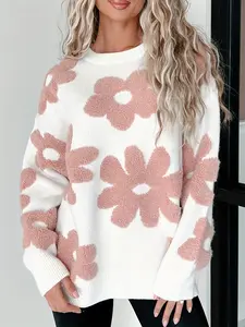 Women's Misty White 3D Floral Sweater, Cute Chenille Pink Flower Pullover, Soft Crew Neck Knitwear for Winter & Spring, Sweet Aesthetic Casual Top