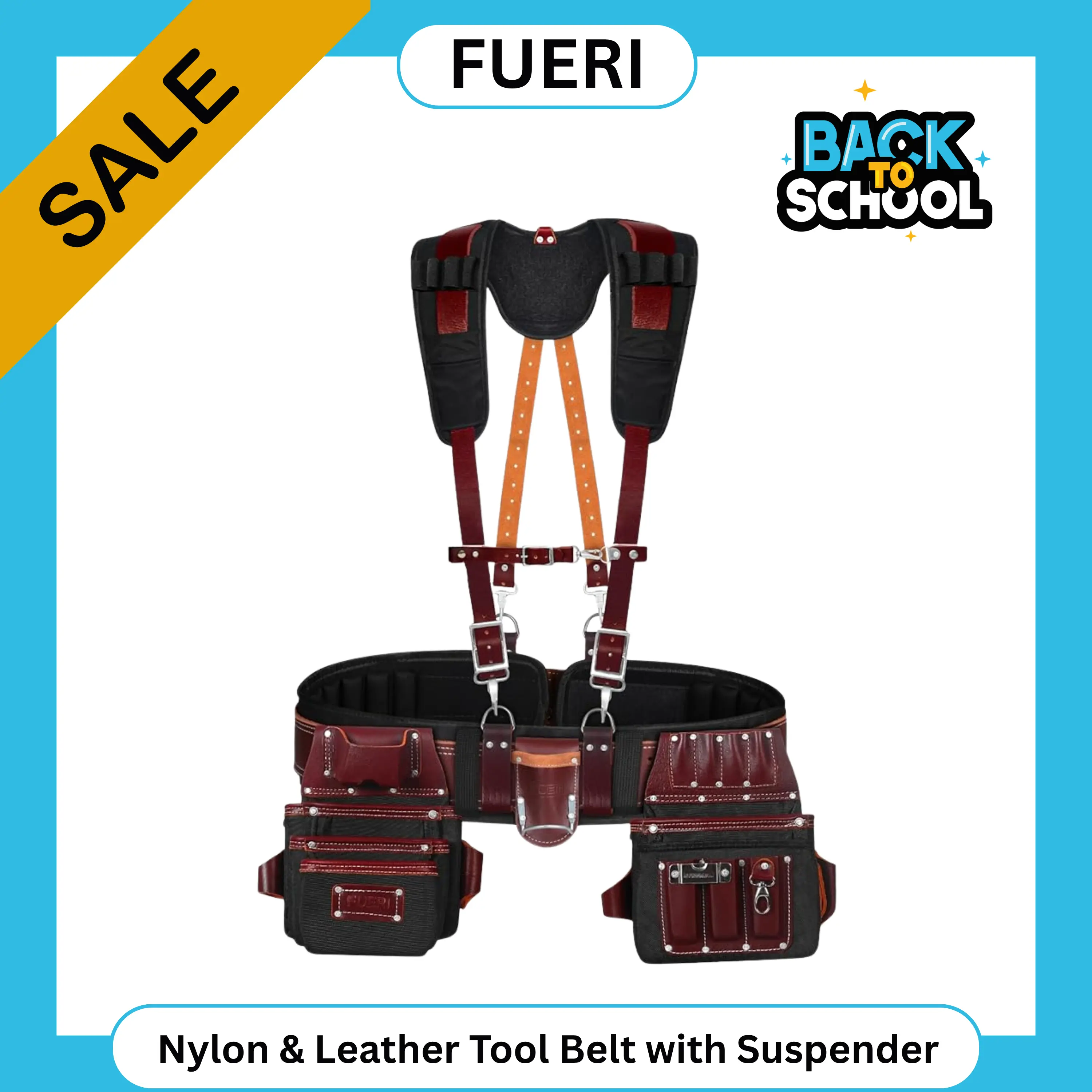 FUERI Men's Heavy-Duty Nylon & Leather Tool Belt Organizer with Suspender, 26 Pockets (Maroon & Black), Comfort Padded Belt, Spacious Pouches, Hammer Holder & Suspender Loops for Carpenters, Electricians, Tool Bag Organizer, Hands‑Free Carry campingessent
