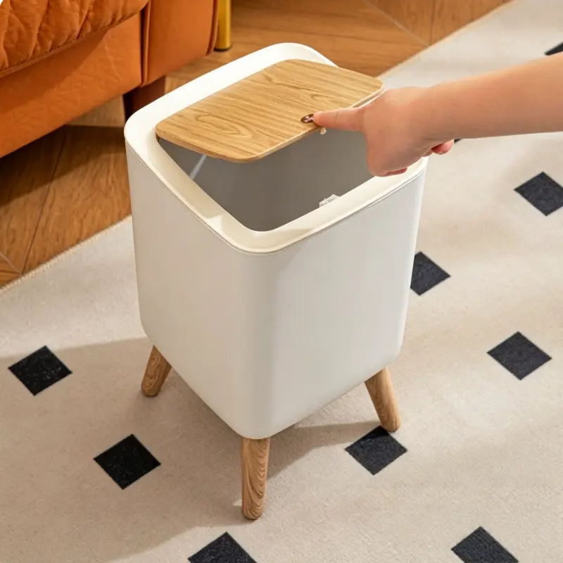 Nordic Press Lid Trash Can with Removable Wooden Legs - Aesthetic Sealed Ultra-Thick Waste Bin for Bathroom, Kitchen - Home Decor Indoor Recycling Bin with Door Kit, Dual Rolling, Large Grease Bucket Compactor