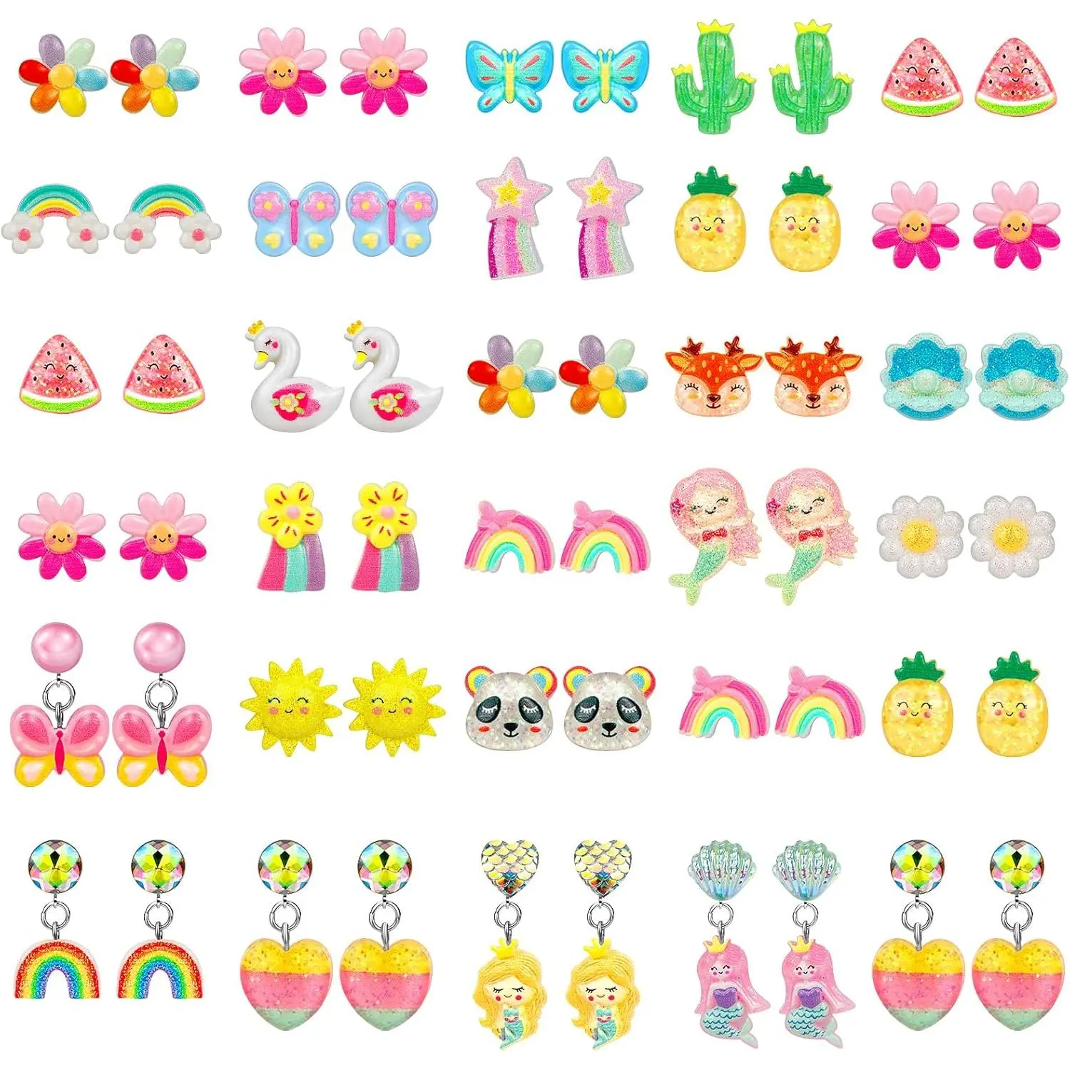 Clip  Earrings for Girls, 25/30 Pairs Party Favor   Earrings for  Ages 4-12, Cute  Clip  Earrings for Little Girls with No Ear Holes Set Mixcolor