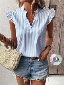 Women's Lightweight Polyester Short-Sleeve Blouse - Striped Print, Stand Collar, Strappy, Breathable, Elegant, Well-Fit Lady's Shirts for Summer Casual Everyday Clothes#TikTokShopStockUp