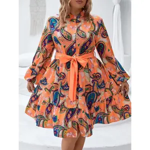 ��Plus Size�� Paisley Print Belted Dress, Casual Bohemian Long Sleeve Collared A Line Dress for Daily Wear, Women's Plus Clothing for All Seasons