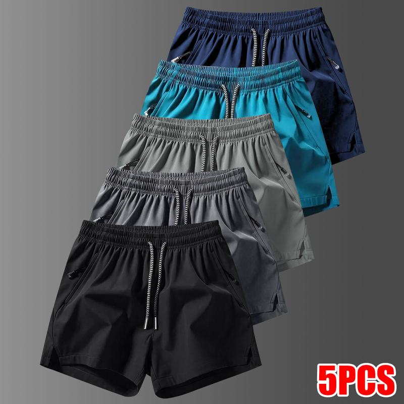 Men's 5-Pack Solid Color Casual Shorts with Zipper Pockets, Summer Fashion Drawstring Athletic Shorts, Suitable for Summer Gym Workouts, Running, and Outdoor Activities, Comfortable and Adjustable