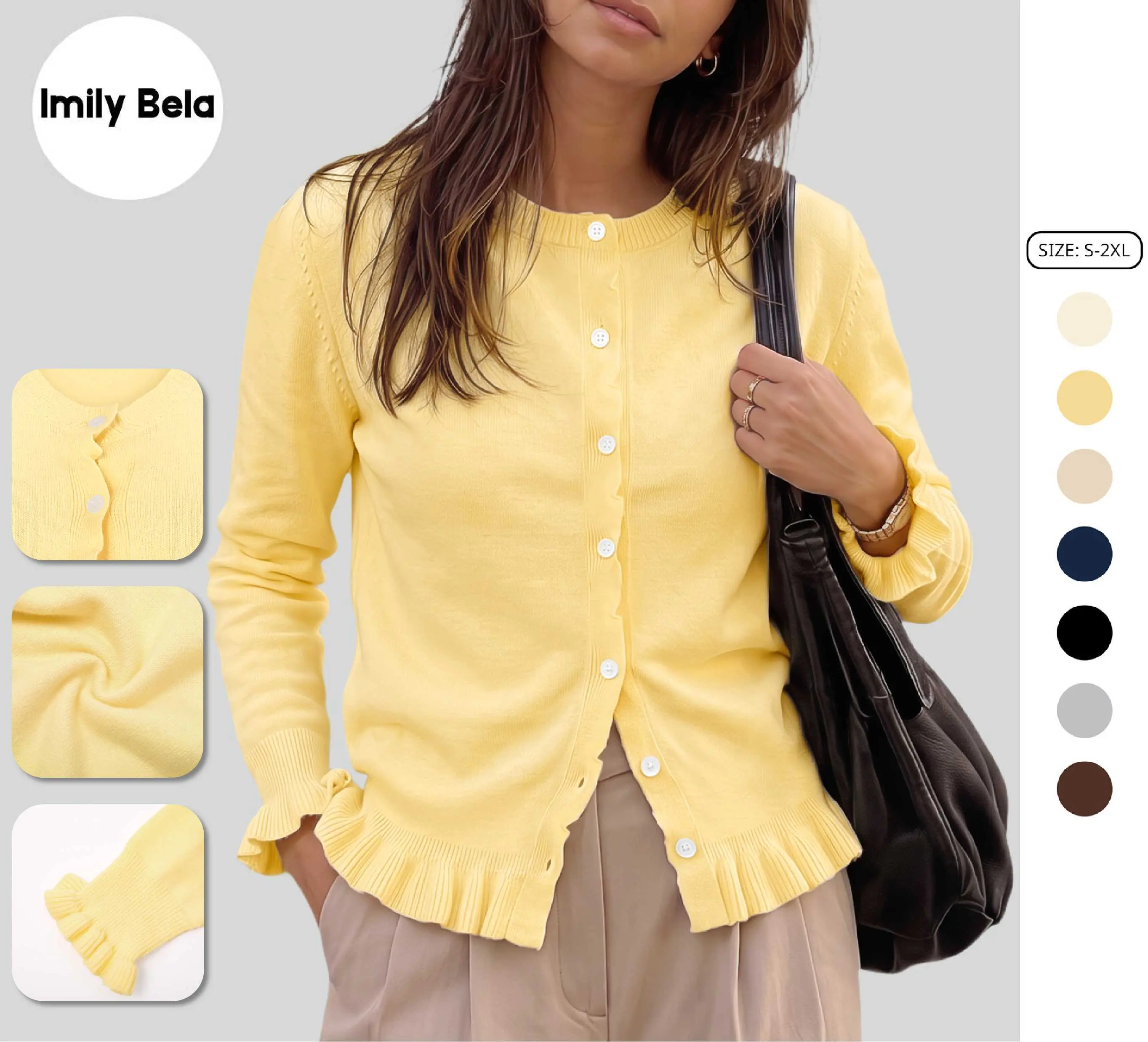 Imily Bela Women's Cropped Cardigan Sweater with Ruffle Trim, Frilly Crewneck Long Sleeve Button Down Knitwear, Cute Soft Cottagecore Outwear 2026 Trendy Soft Ribbed Knit Tops