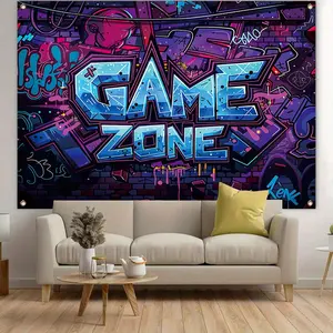 Game Zone Theme Background Banner, 1 Count Graffiti Game Zone Pattern Backdrop, Indoor Backdrops, Wall Hanging Decor for Home Living Room Bedroom Office, Party Decorations Banners