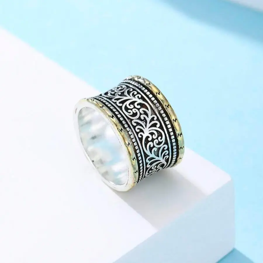 Bohemian-style carved wide band ring, featuring a classic two-tone design and an antique finish that evokes a rich, exotic vintage atmosphere,Hippie Vintage Style Copper Ring | Unisex Boho Festival Jewelry.